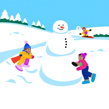 A snowy landscape filled with soft, fluffy white snow covering the ground and glistening in the sunlight. In the foreground, two children are building a snowman, stacking large snowballs on top of each other, with the top snowball having a friendly face made of pebbles for eyes and a carrot for a nose. Nearby, another child is sledding down a gentle hill, with a bright red sled and a joyful expression on their face as they speed down the slope. The background features snow-covered trees and a clear blue sky, creating a cheerful winter scene.