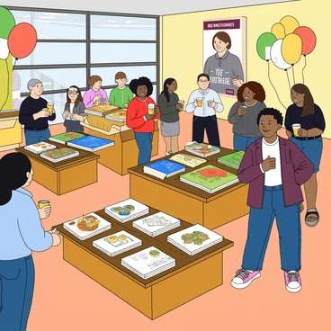 A lively indoor book launch event with a bright atmosphere. Several elegantly designed wooden stands display a variety of illustrated books with colorful covers, featuring whimsical artwork. A group of excited attendees, including men and women of diverse appearances, are engaged in conversation while holding drinks and snacks. Some people are flipping through the pages of the books, admiring the illustrations. In the background, there are colorful balloons and banners that add to the festive ambiance. A large poster featuring a prominent author is displayed, drawing attention from the crowd.