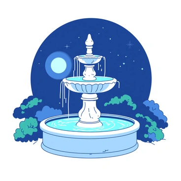 A white fountain with intricate carvings is illuminated by soft moonlight. The water cascades gracefully from the top tier, creating gentle ripples on the surface. The ripples reflect the dark blue hues of the night sky above, dotted with twinkling stars. Surrounding the fountain is a neatly trimmed green garden, adding a serene atmosphere to the scene. The moon's light casts subtle shadows around the fountain, enhancing its architectural details.