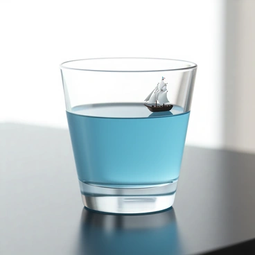 A shot glass, made of clear glass, filled with a bright blue liquid that shimmers in the light. Inside the glass, there is a tiny model ship, intricately detailed with white sails and a dark wooden hull, gently floating on the surface of the liquid. The background is softly blurred, emphasizing the glass and its contents. The shot glass sits on a smooth, dark wooden surface, reflecting a hint of the blue liquid.