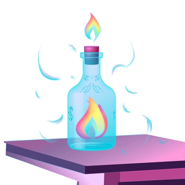 A small glass bottle with a cork stopper sits on a wooden table. Inside the bottle, a swirling flame emanates a soft, warm glow, illuminating the surrounding area with gentle light. The flame has vibrant colors, transitioning from deep orange at the base to bright yellow at the tips. The bottle features intricate etchings on its surface, reflecting the light from the flame. Shadows dance around the bottle, creating an enchanting atmosphere.