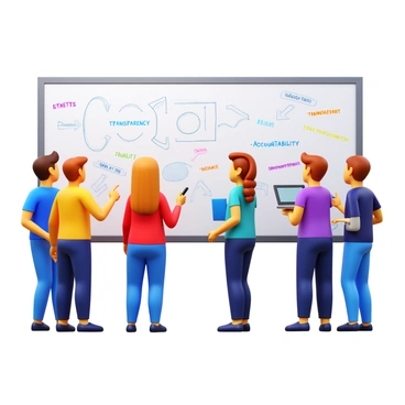 A group of five teenagers gathered around a large whiteboard. They are engaged in sketching various ideas and concepts related to "ethical uses of AI technology." One teen is holding a marker, drawing a flowchart, while another is pointing at a diagram with a thoughtful expression. The third teen is writing keywords like "transparency" and "accountability." The fourth teen is looking at a laptop, possibly researching information to contribute. The fifth teen is taking notes on a notepad. The whiteboard is filled with colorful drawings, arrows, and notes, all centered around the theme of responsible AI.