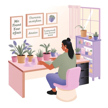 A woman is arranging several potted plants on a wooden desk in her home office. She has medium skin and long black hair tied in a loose bun. She is wearing a light green shirt and jeans. Behind her, the wall is adorned with framed "motivational quotes" written in elegant, cursive fonts. The quotes are surrounded by various decorative elements, including small, colorful posters and artwork. Sunlight filters through a nearby window, casting soft shadows across the room. A bookshelf filled with books and more plants is positioned on one side of the office, adding a cozy atmosphere.