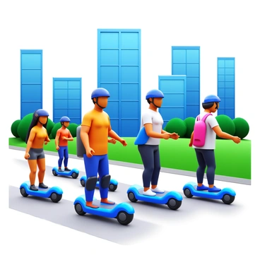 A group of people commuting through a city on sleek, electric hoverboards. The hoverboards are designed with a streamlined, modern look, featuring smooth lines and glowing LED accents. The cityscape in the background includes tall, futuristic buildings with glass facades. Each commuter is wearing casual, contemporary clothing and protective gear, such as helmets and knee pads. Some individuals are engaging in conversations while others focus on their paths, showcasing a dynamic urban environment. The streets are lined with greenery, enhancing the modern city’s aesthetic.