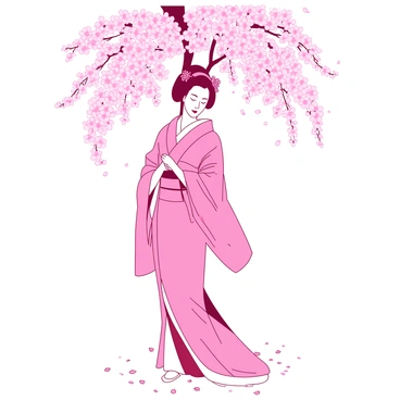 A geisha beneath a canopy of sakura blossoms, with petals gently falling down.