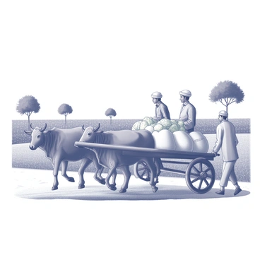 A bullock cart pulled by two strong bulls is moving along a dirt path in a rural landscape. The cart is filled with sacks of produce, showcasing the farmers' hard work. In the background, fields stretch out with crops ready for harvest. Several trees provide shade along the path, while a clear sky above indicates a sunny day. Two farmers are seated on the cart, dressed in traditional clothing, while a third farmer walks beside the cart, guiding it forward.