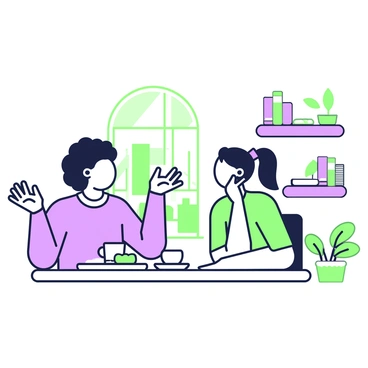 Two friends having a lively conversation over coffee in a cozy café