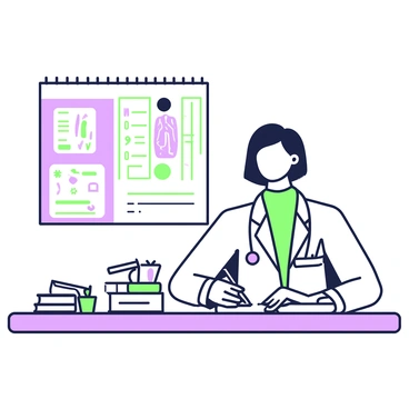 A doctor with short hair is seated at a wooden desk, writing a prescription on a notepad. The doctor is wearing a white coat with a stethoscope draped around their neck. On the desk, there are several open medical books with diagrams and notes visible. Next to the books, there is a small green plant in a pot. A pen lies beside the notepad, and in the background, a wall-mounted chart displaying human anatomy is visible.