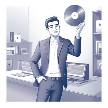 A man with slicked-back hair and a stylish outfit stands proudly in a recording studio, holding a "gold record award" above his head. He has a confident smile on his face, showcasing his pride in the achievement. The recording studio has soundproof walls and various music equipment in the background, such as microphones and mixing consoles. There are shelves filled with music albums and awards lining the walls, adding to the celebratory atmosphere of the scene.