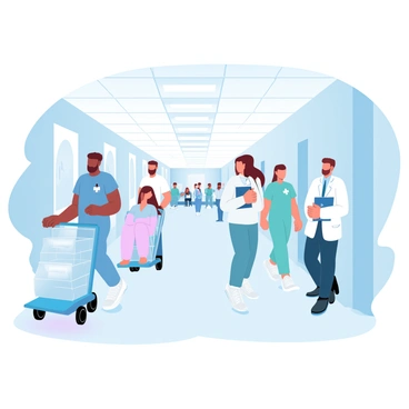 A busy hospital corridor filled with NHS staff and patients moving in various directions. Nurses in scrubs are seen pushing carts filled with medical supplies. Doctors in white coats are discussing patient care while carrying clipboards. Patients in hospital gowns are walking alongside helpers. The corridor features bright overhead lighting and medical posters along the walls. There are several doors leading to different rooms, and a waiting area can be seen in the background with chairs occupied by visitors.