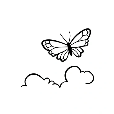 A solitary butterfly with intricate wing patterns gliding gracefully against a backdrop of a clear sky. The butterfly's wings are open wide, displaying delicate details. Below, faint outlines of distant clouds provide a subtle contrast, suggesting the vastness of the sky around it. The scene evokes a sense of freedom and movement as the butterfly navigates through the open air.