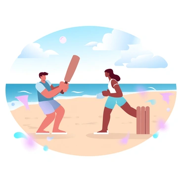 Two friends are actively engaged in a beach cricket game. One friend is holding a bat, prepared to hit the ball, while the other is in a ready position, anticipating the play. The sandy beach is dotted with a few scattered colorful beach towels and umbrellas in the background. The ocean waves are gently rolling onto the shore, creating a lively atmosphere. In the distance, a bright blue sky is framed by a few fluffy white clouds, adding to the vibrant beach scene. A cricket ball is soaring through the air, just above the player's bat.