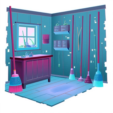 An old shop with worn wooden floors and peeling paint on the walls. The room is filled with a variety of brooms, each featuring unique designs and handcrafted details. Some brooms have ornate handles carved with intricate patterns, while others have colorful bristles or unusual shapes. A faint layer of dust settles on the surfaces, hinting at the age of the shop. Soft light filters through a small window, illuminating the brooms and casting gentle shadows across the floor. Various broomsticks lean against the walls, showcasing their distinct styles and purposes. An antique counter sits in the corner, cluttered with small tools and materials used for broom-making.