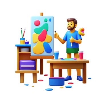 An artist standing in a cluttered studio, holding a paintbrush in one hand. The canvas in front of them is filled with vibrant colors and abstract shapes. The artist's expression shows deep concentration as they study the artwork. Various paint tubes and brushes are scattered across a nearby table, and splatters of paint are visible on the floor, adding to the chaotic atmosphere of the creative process.