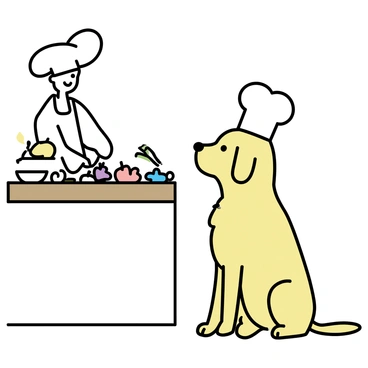 A Labrador dog, with a shiny golden coat, is sitting eagerly on a tiled kitchen floor. It is wearing a white chef hat that is slightly askew on its head. The dog is focused on a wooden countertop where a chef is preparing food. The chef, dressed in a white apron, is chopping vegetables with a knife. Various ingredients are spread out on the countertop, including colorful bell peppers, onions, and herbs. A bowl of dough is resting nearby, and the kitchen has warm lighting, enhancing the inviting atmosphere.