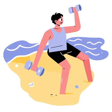 A person with short black hair is performing hammer curls with a pair of shiny silver dumbbells. The individual is wearing a light blue tank top and black shorts. The background features golden sand and gentle waves lapping at the shore under a clear blue sky. There are a few scattered seashells on the sand, and the sun casts bright reflections on the water, enhancing the vibrant beach scene.