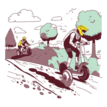 An adventurous rider is navigating a steep, muddy hill while riding a Segway. The rider is focused, wearing a bright yellow helmet and protective gear, with mud splattered across their outfit. The Segway's wheels are partially submerged in the thick mud, sending droplets flying in every direction. In the background, other riders can be seen tackling the challenging terrain, with trees lining the path and a cloudy sky overhead. The atmosphere conveys the intensity of the race as the rider leans forward, determined to conquer the hill.