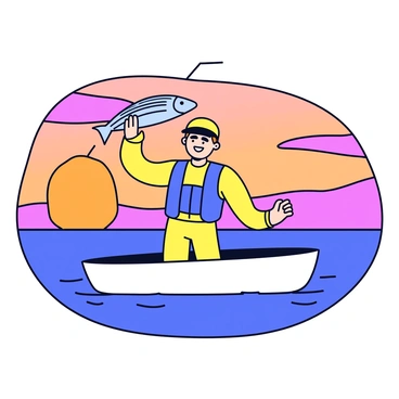 A small boat floats gently on the water, casting a silhouette against the vivid colors of a setting sun. The sky is filled with hues of orange, pink, and purple as the sun descends beyond the horizon. A fisherman stands in the boat, smiling proudly as he holds up a freshly caught striped bass. The fish has distinct black stripes running along its silver body. The fisherman wears a simple fishing vest and a cap, with the boat surrounded by ripples in the water.