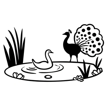 A "swan" gracefully gliding on the surface of a "crystal-clear pond" while a "peacock" stands beside it, displaying its elaborate feather train. The pond reflects the surrounding scenery, with detailed ripples emanating from the swan's movements. Tall reeds and lily pads are scattered around the edges of the pond, providing a natural frame for the scene. The peacock's feathers are fully fanned out, showcasing intricate patterns and textures. A few small stones are placed along the pond's bank, enhancing the tranquil setting.