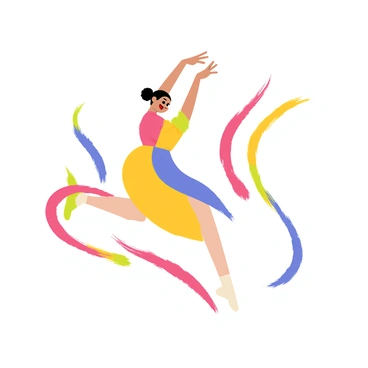 A dancer in a mid-pose is captured in motion, wearing a vibrant costume with flowing fabric. The dancer's arms are raised gracefully and their legs are poised elegantly. Surrounding the dancer are colorful brush trails that swirl and twist, blending shades of red, blue, yellow, and green. The trails follow the movement of the dancer, creating a sense of energy and rhythm in the scene. The background is a simple, soft color that allows the dancer and the brush trails to stand out prominently.