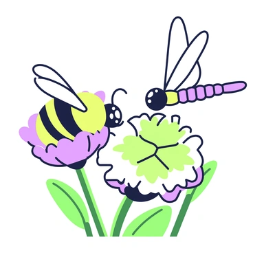 A bumblebee is hovering in mid-air, its fuzzy body displaying intricate details of its wings. It is surrounded by colorful flowers with open petals. In the background, a dragonfly with elongated wings is preparing to ambush the bumblebee. The dragonfly's large multifaceted eyes are focused on its target. A few green leaves are visible in the scene, framing the interaction between the two insects. The sunlight is casting gentle shadows, creating a dynamic sense of movement as the predator approaches the bumblebee.