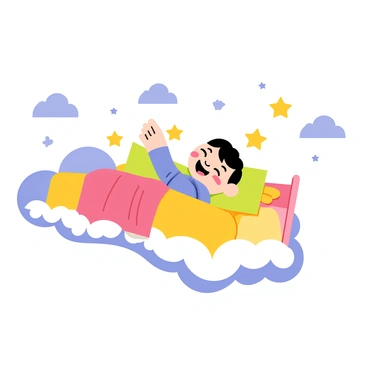 A child lying on a bed with soft, colorful blankets, flying through a sky filled with fluffy white clouds. The child has a joyful expression, with arms outstretched in delight. Brightly colored stars and whimsical shapes float around the bed, adding to the dreamlike atmosphere. The clouds are puffy and inviting, creating a sense of wonder and adventure in the scene.