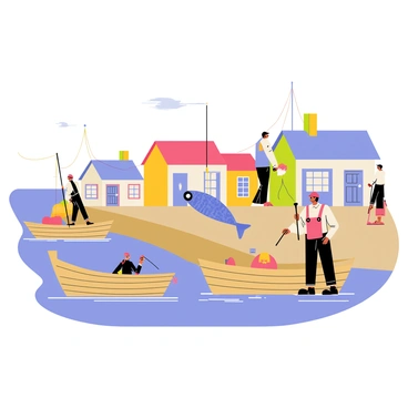 A small fishing village with quaint houses painted in bright colors. The village has wooden boats bobbing gently in the water, each adorned with colorful fishing gear. A blue fish hangs from a fishing line, glistening in the sunlight, with its scales reflecting shades of blue. There are fishermen wearing caps and aprons, tending to their catch and preparing the boats for the day. The background features a calm sea and a clear sky, enhancing the lively atmosphere of the village.