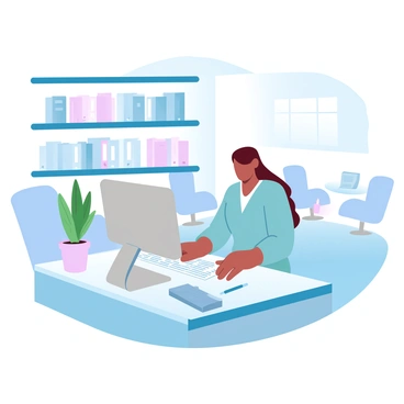 A receptionist organizing files and documents in a well-organized office reception area.