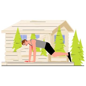A person with short brown hair is doing incline push-ups on a wooden porch of a rustic log cabin. The cabin has a weathered appearance, with large round logs forming its walls. The porch features a wooden railing and slightly worn floorboards. In the background, there are tall evergreen trees surrounding the cabin, while the sky above is clear and bright. The person is wearing a gray tank top and black shorts, showing focus and determination while performing the exercise.