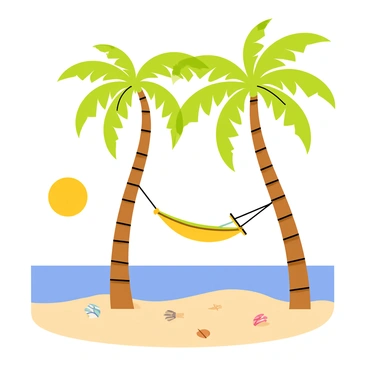 A tropical paradise featuring three tall palm trees with lush green fronds swaying gently in the breeze. Below the palm trees, there is a comfortable hammock tied between two of them, inviting relaxation. The scene includes vibrant turquoise waters gently lapping at the sandy shoreline. In the background, the sun shines brightly in a clear blue sky, casting soft shadows on the ground. There are a few seashells scattered on the sand, adding detail to the beach setting.