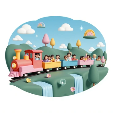 A colorful train with a bright red locomotive and multiple vibrant carriages, each painted in a different color, is chugging through a fantasy landscape. The landscape features rolling green hills, whimsical trees with exaggerated shapes, and floating islands in the sky. Passengers can be seen peering out of the train windows, their faces lit up with excitement. Some are waving their hands, while others are pointing at the fantastical scenery outside, which includes sparkling waterfalls and rainbow-colored flowers. The sky is a vivid blue with fluffy white clouds drifting by.