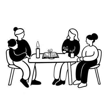 A family consisting of two adults and two children gathered around a wooden table. The table is set with an open Bible in the center, pages slightly turned as if recently read. The candle on the table emits a warm glow, casting soft shadows around the scene. The adults are seated on one side of the table, while the children are on the opposite side, leaning in towards the Bible. A few other candles are positioned around the table, enhancing the atmosphere. A small vase with flowers sits to the side of the Bible, adding a touch of life to the setting.