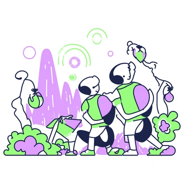 A group of friendly aliens is exploring a vibrant alien planet. Each alien has a bulbous, colorful rear end that contrasts with their smooth, sleek bodies. The ground is covered in unusual, multicolored vegetation that resembles oversized flowers and strange, twisting plants. In the background, there are towering rock formations with vivid patterns and textures. The aliens are interacting with the environment, one of them curiously touching a large, glowing fruit hanging from a vibrant tree. Above them, two suns illuminate the sky, casting unique shadows on the ground.