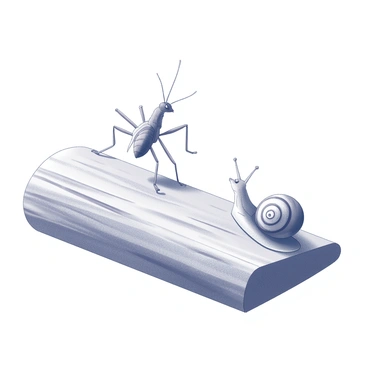 A locust is perched on a wooden log, its long legs poised and ready for a leap. Its body is sleek and elongated, showcasing its natural agility. Nearby, a snail is making its way slowly across the log's rough surface, its shell spiraled and textured. The contrast between the two creatures is evident as the locust's antennae twitch in anticipation while the snail extends its feelers cautiously. The setting emphasizes their encounter, highlighting the dynamic of speed and slowness in nature.