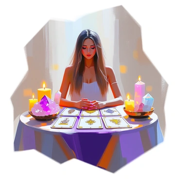 A mystical scene depicting a person with long, flowing hair and a serene expression, sitting at a small, ornate table. The table is covered with a deep purple cloth and features a spread of tarot cards, each illustrated with intricate designs. Surrounding the table are various crystals, glowing softly in hues of amethyst, rose quartz, and clear quartz. In the background, dim candlelight flickers, casting gentle shadows that enhance the atmosphere. The person's hands are delicately poised over the cards, as they seem to be in deep contemplation.