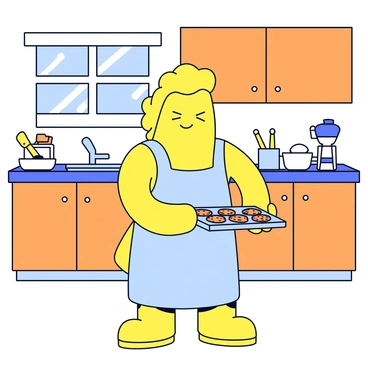 A mop wearing an apron, baking cookies in a warm kitchen filled with baking tools