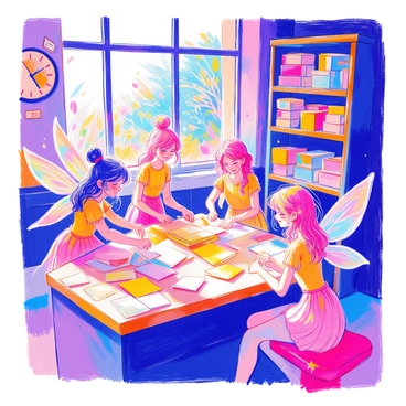 A group of fairies with iridescent wings are busy sorting letters in a magical post office. Each fairy has a unique style with colorful hair and delicate clothing that shimmers. The room is filled with wooden shelves stacked with various letters and parcels. Brightly colored envelopes are scattered across a large wooden table. The air is filled with sparkling dust that creates a sparkling effect in the light. There are windows showing a glimpse of an enchanted forest outside, and a whimsical clock on the wall indicates the time. The atmosphere is busy yet enchanting, with fairies chatting and laughing as they work.
