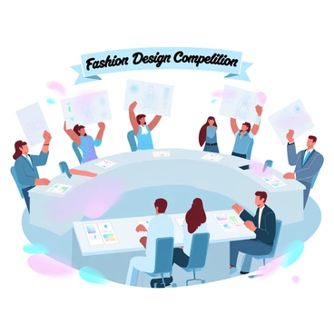 A scene of a fashion design competition where participants present their designs based on templates.