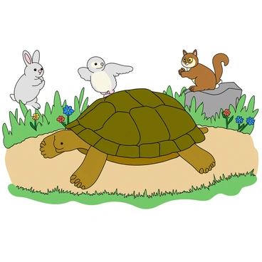 A determined tortoise with a textured, greenish-brown shell is slowly plodding forward on a light brown dirt path. Its legs are extended confidently, and its small eyes reflect focus and determination. Surrounding the tortoise, various animals are watching in admiration. A curious rabbit with soft white fur and big ears stands on its hind legs, a wise old owl perched on a low branch blinks its large yellow eyes, and a cheerful squirrel with a bushy tail sits on a nearby rock, clapping its tiny paws together. The background features lush green grass and colorful flowers, adding a vibrant touch to the scene.