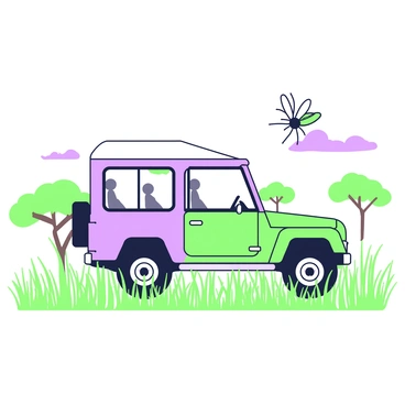 A safari vehicle is driving through the African savannah, surrounded by tall grass and sparse trees. On the side of the vehicle, there is a mosquito perched, its wings spread wide. The vehicle has large tires and a canvas roof, designed for outdoor exploration. In the background, there is a distant view of acacia trees against the horizon. The sky above is clear, indicating a sunny day. The scene captures the essence of a wildlife adventure while highlighting the tiny mosquito on the vehicle.