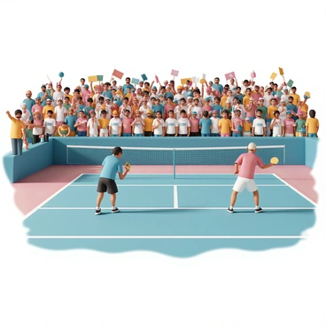A large crowd of spectators is gathered around a vibrant pickleball court, all cheering enthusiastically. Some spectators are waving colorful banners and wearing team jerseys, while others are holding drinks and snacks. On the court, two players are competing intensely, one wearing a blue shirt and black shorts, and the other in a red shirt and white shorts. They are both in dynamic poses, poised to hit the ball, with focused expressions. The court is marked clearly, with bright lines and a net dividing the two sides. Sunlight is shining down, illuminating the scene and highlighting the excitement.