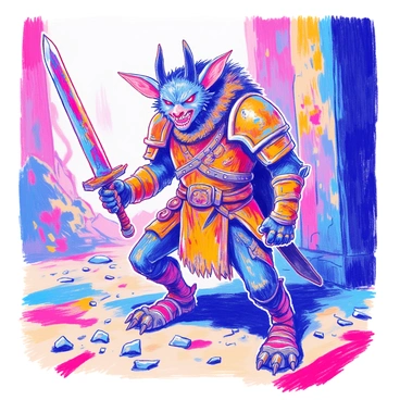 A fierce skaven warrior stands in an action pose. The warrior is clad in worn battle armor that is adorned with scratches and dents. Its fur is matted and dark, highlighting its sharp features and intense expression. In one hand, it brandishes a rusty sword, the blade glinting with a dull sheen. The other hand is clenched into a fist, ready for combat. The ground beneath its feet is littered with debris, emphasizing the chaotic environment. Behind the skaven, a blurred silhouette of a crumbling structure can be seen, suggesting a battle-torn landscape.