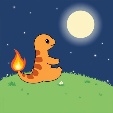 A small Charmander with vibrant orange scales is sitting on a grassy hill. Its tail flame flickers gently in the cool night air. The Charmander gazes up at a large, round full moon shining brightly in the starry sky. The hill is covered in lush green grass, and a few wildflowers can be seen dotting the landscape. The moon casts a soft glow over the scene, illuminating the Charmander and creating a peaceful atmosphere.