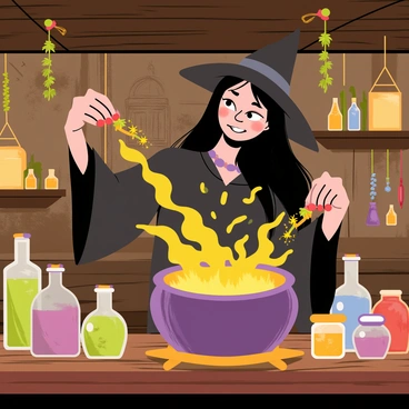 A witch with long, flowing black hair is stirring a large, bubbling cauldron. The cauldron is positioned in the center of a rustic wooden table. The cabin is cluttered with various jars filled with colorful potions, dried herbs hanging from the ceiling, and an assortment of magical artifacts scattered around. Soft, flickering light from lanterns casts shadows on the walls, highlighting intricate runes carved into the wood. The witch wears a dark cloak with a pointed hat, and a mischievous grin is on her face as she adds a pinch of sparkling ingredients to the swirling potion.