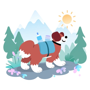 A dog with a fluffy fur coat is wearing a small, colorful backpack designed for hikes. The dog is standing on a rocky trail surrounded by lush greenery and tall mountain peaks in the background. The sun is shining brightly, casting warm light on the scene. The backpack is filled with essentials for the hike, and a water bottle is attached to one side. The dog's tail is wagging, indicating eagerness for the adventure ahead. Various wildflowers are scattered along the path, adding splashes of color to the landscape.