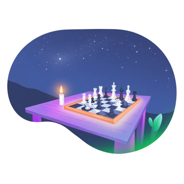 A small wooden table is positioned outdoors, illuminated by soft candlelight. On the table, there is a classic chessboard with intricately designed pieces in black and white, arranged mid-game. The candles flicker gently, casting warm light on the chess pieces and creating soft shadows. Above, a vast starry sky is filled with sparkling stars, providing a serene backdrop to the scene. The night air has a calm quality, and the glow from the candles contrasts beautifully with the dark sky.