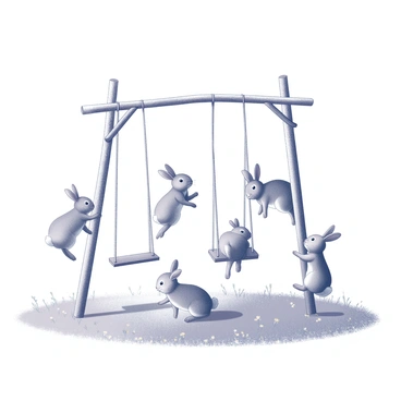 A group of young rabbits frolicking together on a swing set made from branches. The swing set consists of several sturdy branches tied together, with two swings made from soft fabric hanging from either side. The rabbits are depicted in various playful poses, some hopping excitedly around the swing set while others are perched on the swings, enjoying the gentle motion. The scene captures the lively energy of the rabbits as they interact with their environment, surrounded by a grassy area dotted with small wildflowers and patches of dappled sunlight filtering through the leaves above.