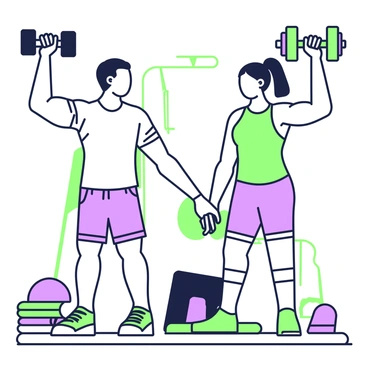 A couple is engaged in a workout session in a gym. The man and woman are positioned side by side, each performing chest press exercises with dumbbells. The man has short hair, wearing a fitted t-shirt and shorts, while the woman has long hair tied back in a ponytail, dressed in a sleeveless top and leggings. They are both exerting effort, showcasing their determination and focus. The woman is looking at the man with an encouraging smile, while he raises his dumbbells above his chest. Various gym equipment is visible in the background, including weights and exercise mats.