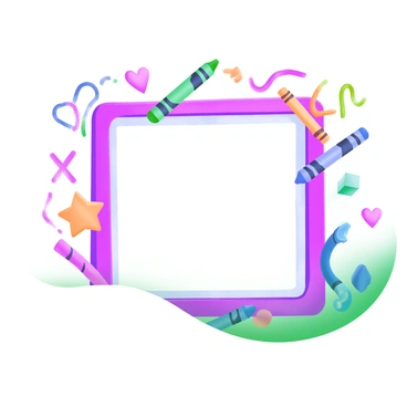 A playful frame filled with colorful crayon doodles in vibrant hues. The doodles include stars, hearts, squiggles, and stick figures arranged around the edges. Each doodle is outlined in a thick black crayon line, enhancing the child-like aesthetic. The background is a soft pastel color, complementing the bright colors of the frame.