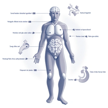 A detailed illustration of a human body exhibiting various mechanisms of temperature regulation. The body is shown with arrows indicating heat distribution, highlighting areas such as the skin, where sweat glands are located, and the blood vessels that expand or constrict. The brain is depicted, showcasing areas responsible for thermoregulation. Symbols for sweat droplets can be included on the skin, and a representation of shivering with muscle fibers contracting is visible. The background can include a gradient that suggests temperature variation, signifying external cold and warmth.